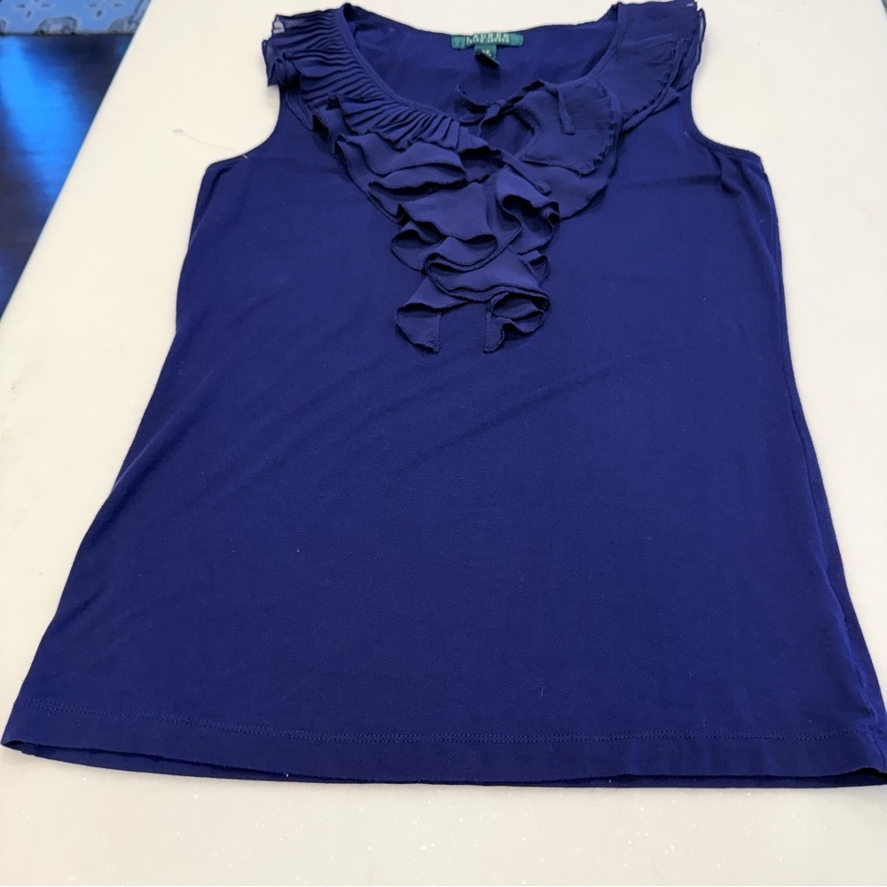Lauren Ralph Lauren Women’s Ruffled Front Sleeveless Top Navy Sz S/P NWOT - Picture 9 of 9